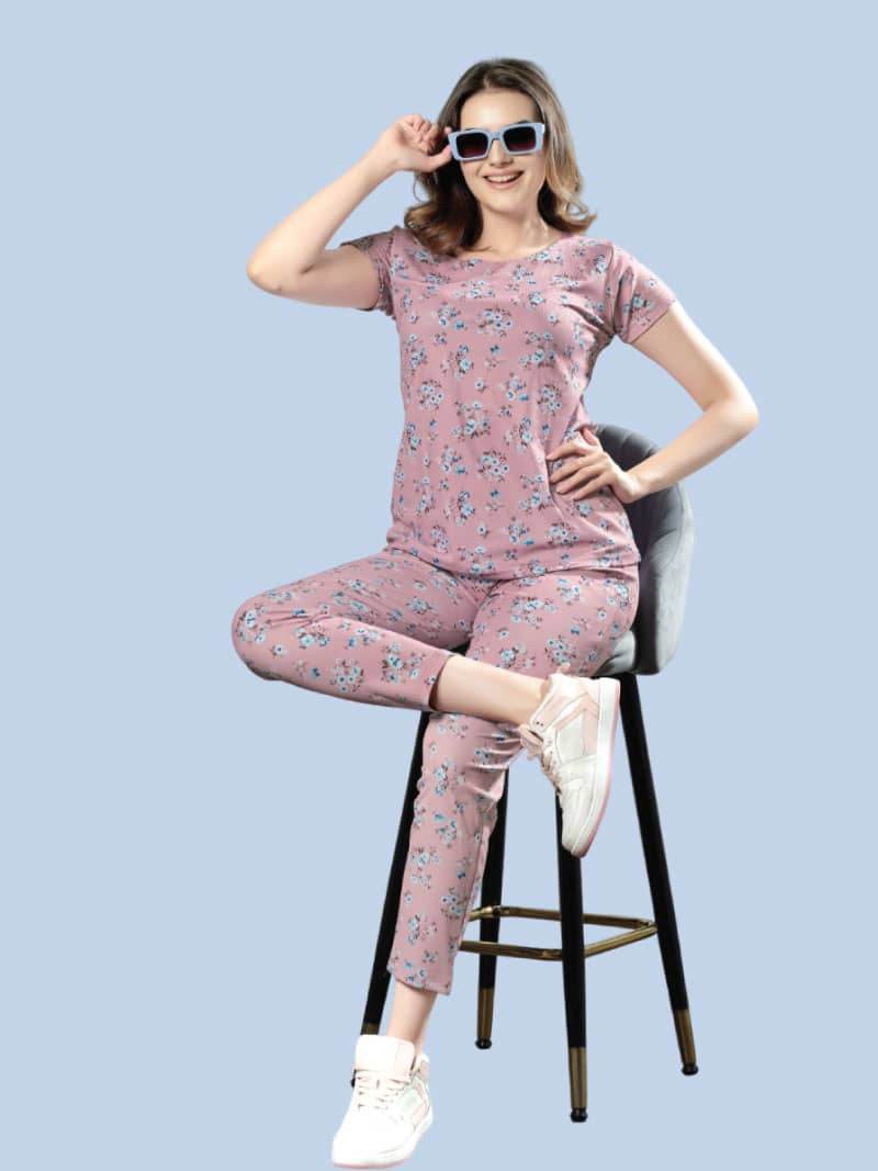 Women's Cotton Rayon Printed Stylish Top & Pyjama Set In Pink - Bold And Bae Fashion
